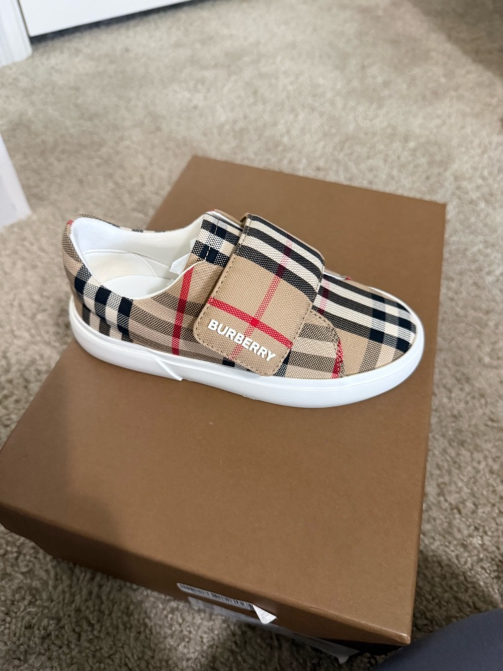 Burberry Beige Plaid Velcro Kids Sneakers with Red Accents